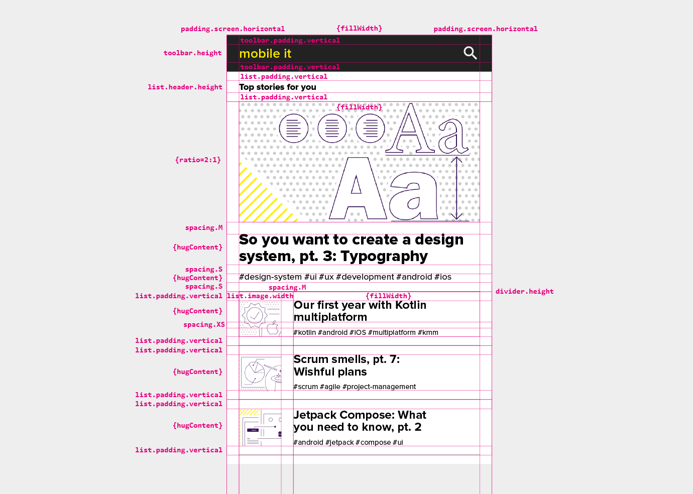 Sample mobile screens with dimension properties